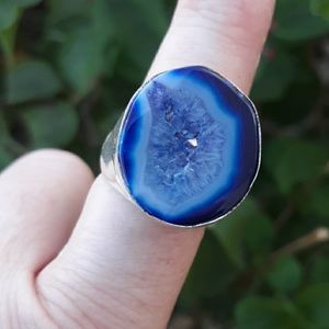 New Men's Solar Quartz Agate Druzy 925 Silver Ring.